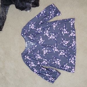 Grey & Purple Floral V Neck Blouse Rose & Thyme Large